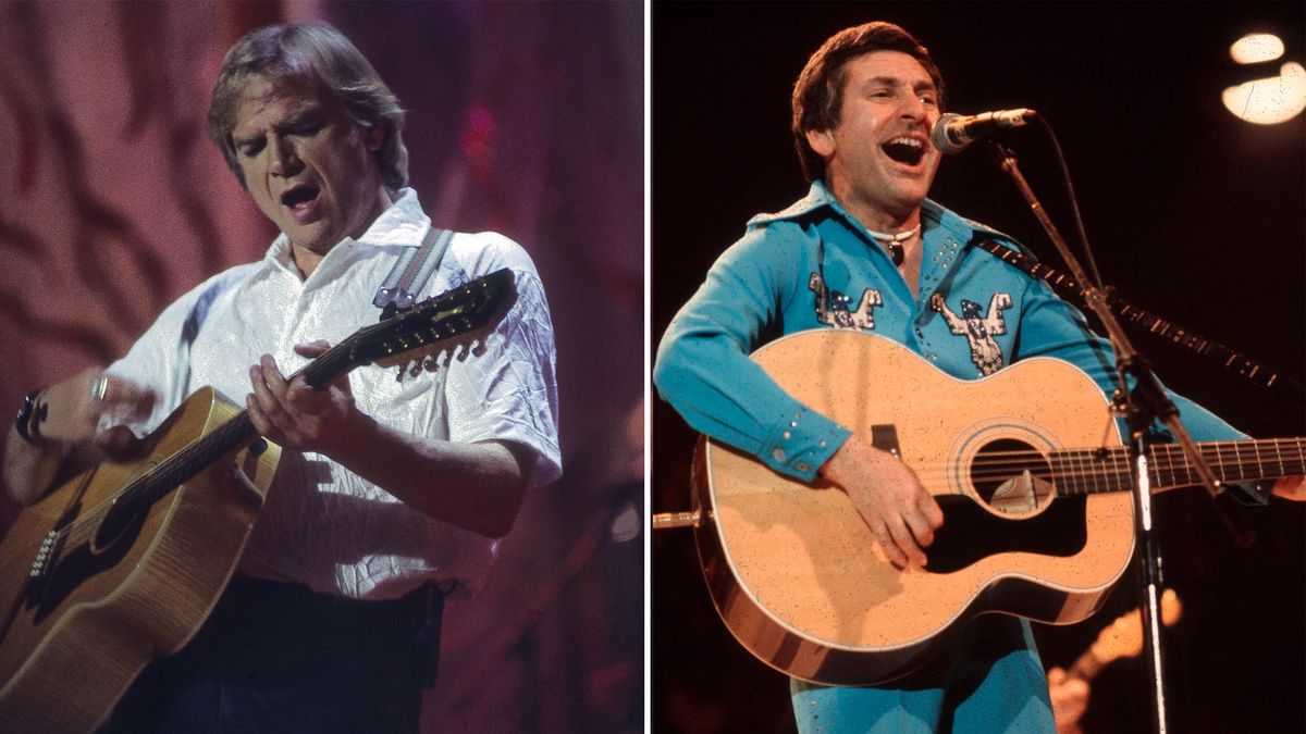 Justin Hayward (left) and Lonnie Donegan perform onstage