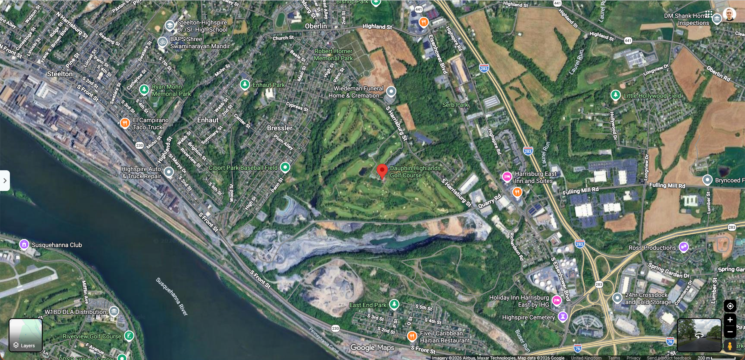 A bird's eye view of Dauphin Highlands Golf Club on Google Maps