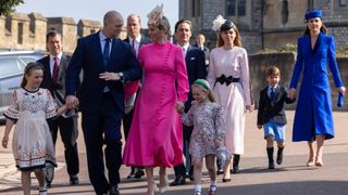 Mike Tindall and Zara Tindall, accompanied by Mia, 9, and Lena, 4, arrive with the Prince and Princess of Wales and other members of the Royal Family to attend the Easter Sunday church service at St George's Chapel in Windsor Castle on 9 April 2023 in Windsor, United Kingdom. Easter Sunday is the focal point of the Royal Family's Easter celebrations and this will be the first without Queen Elizabeth II.
