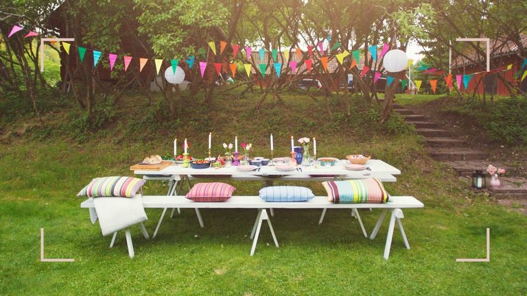 Garden party ideas include bunting and themed food and drinks