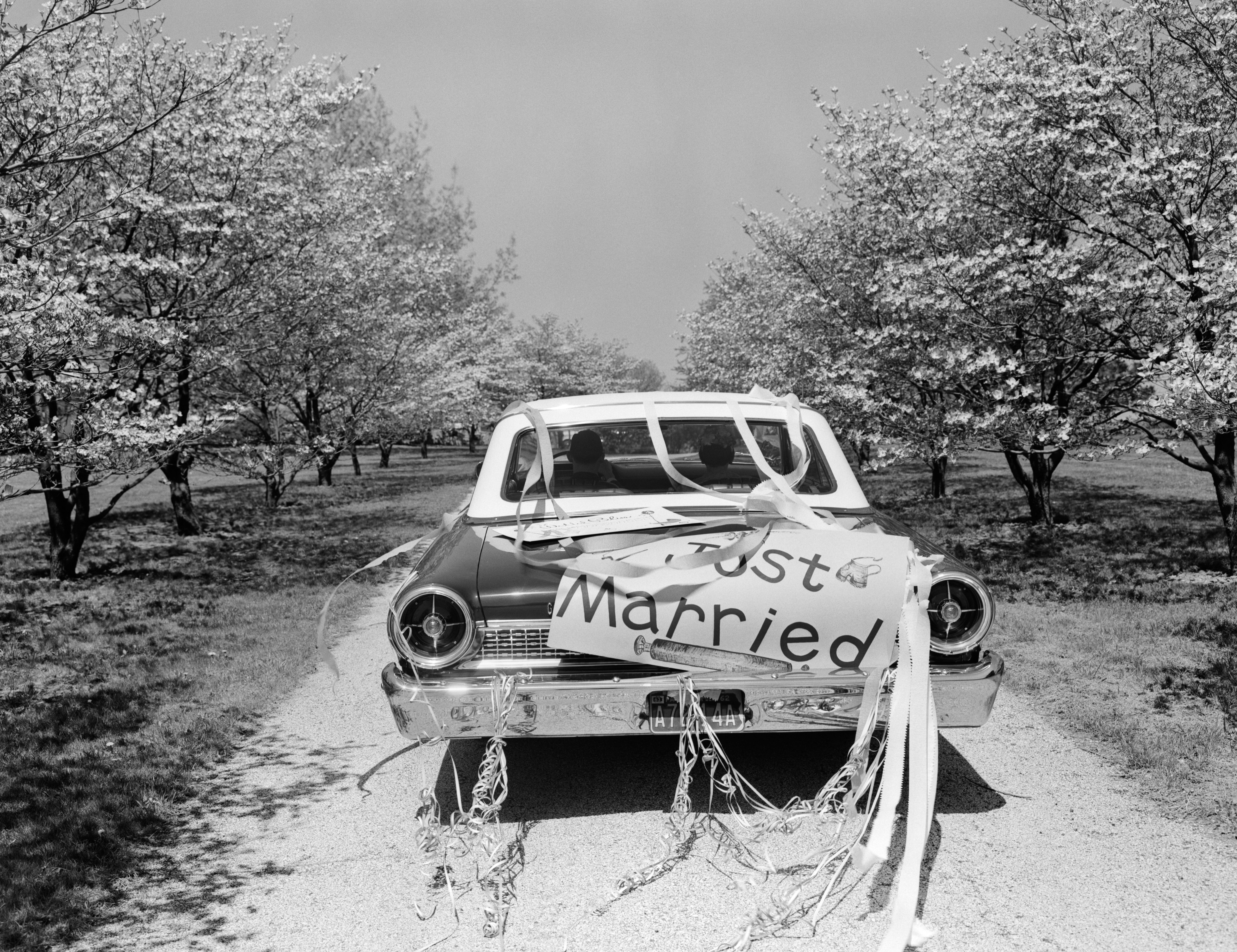 Back of car with a sign reading 'Just Married'