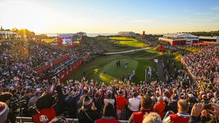 A view of the first tee grandstand at the 2021 Ryder Cup at Whistling Straits