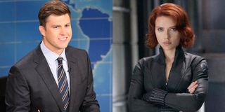 Side by Side of Colin Jost and Scarlett Johansson, courtesy of Disney and NBC