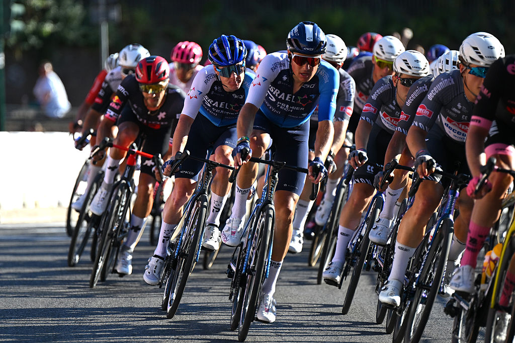 ROME, ITALY - JUNE 01: (L-R) Simon Clarke of Australia and Jakob Fuglsang of Denmark and Team Israel - Premier Tech compete during the 108th Giro d&#039;Italia 2025, Stage 21 a 144.8km stage from Rome to Rome / #UCIWT / on June 01, 2025 in Rome, Italy. (Photo by Tim de Waele/Getty Images)