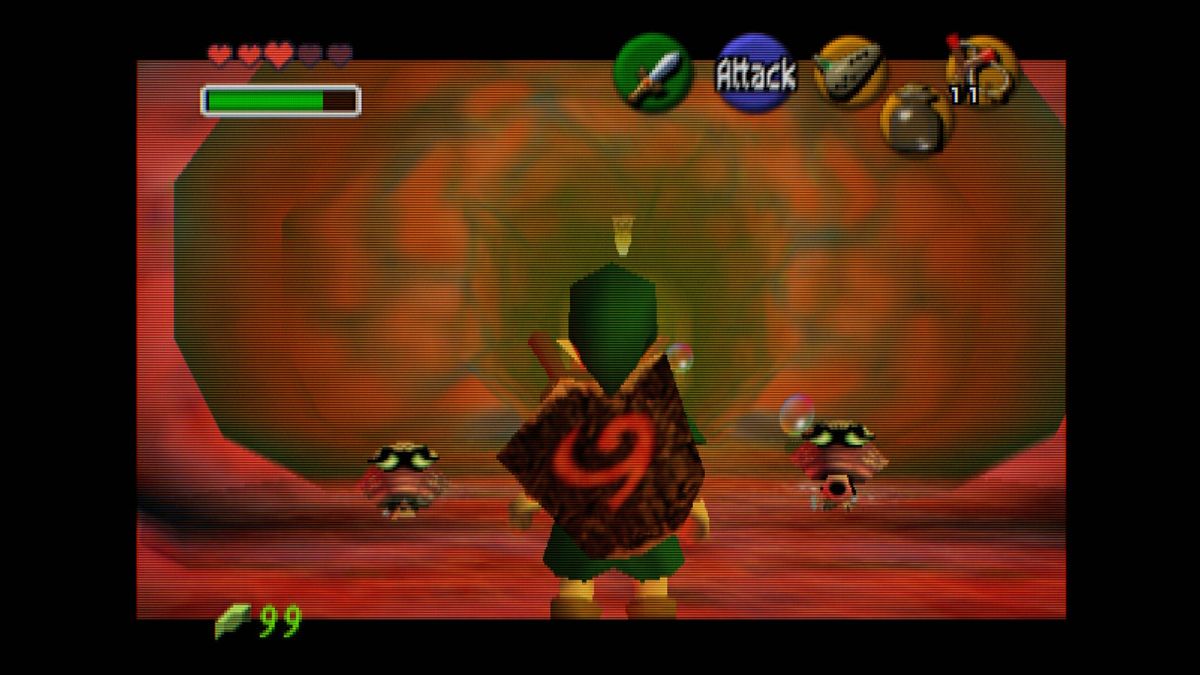 Screenshot of N64 Zelda Ocarina of Time running on Analogue 3D with Link looking at entrance to Jabu-Jabu's belly with Z button letterboxing.