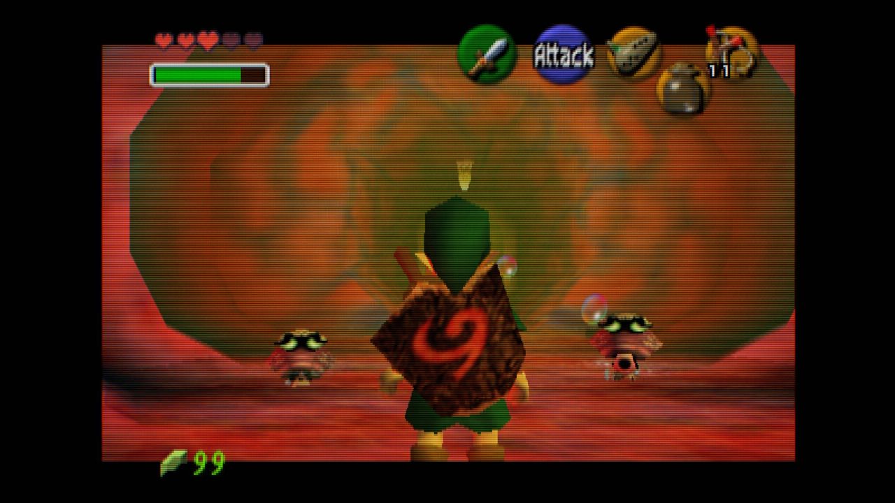 Screenshot of N64 Zelda Ocarina of Time running on Analogue 3D with Link looking at entrance to Jabu-Jabu's belly with Z button letterboxing.