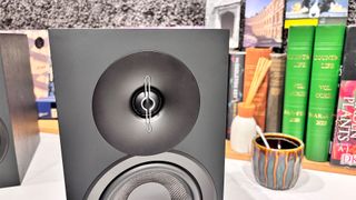 Elac Debut 3.0 DB53 standmount speakers close up on tweeter and top part of mid/bass driver