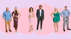 Love Is Blind season 5 couples on a pink and purple grid background