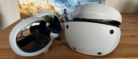 PSVR 2 - Close up of VR headset and controllers.