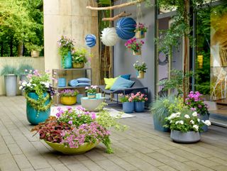 An outdoor space with colorful pots
