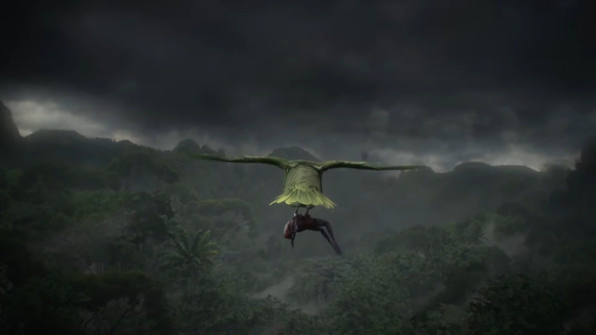 A bird carrying a frog over the Jungle in the Metal gear solid 3 remake trailer