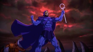 Masters Of The Universe: Revelation — iconic villain Skeletor lifts up his staff beneath a thunderous sky