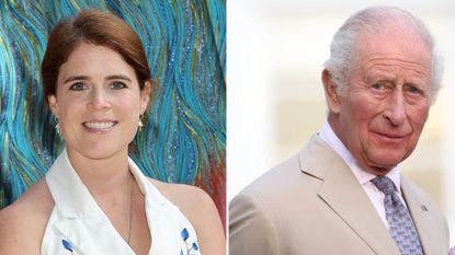 A composite of a picture of Princess Eugenie in 2025 and King Charles in 2026