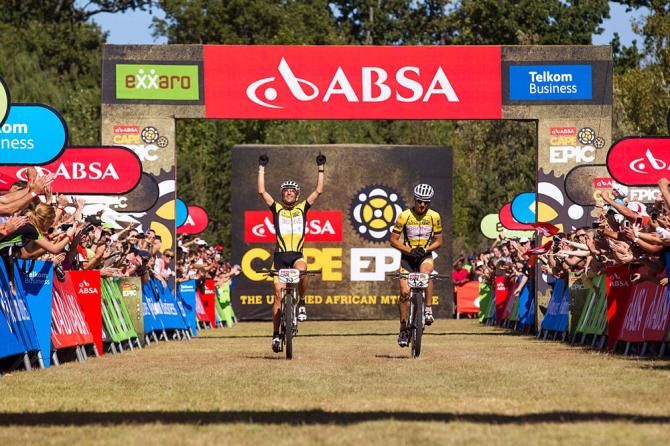 Jaroslav Kulhavy and Christoph Sauser of Burry Stander-Songo celebrate overall victory
