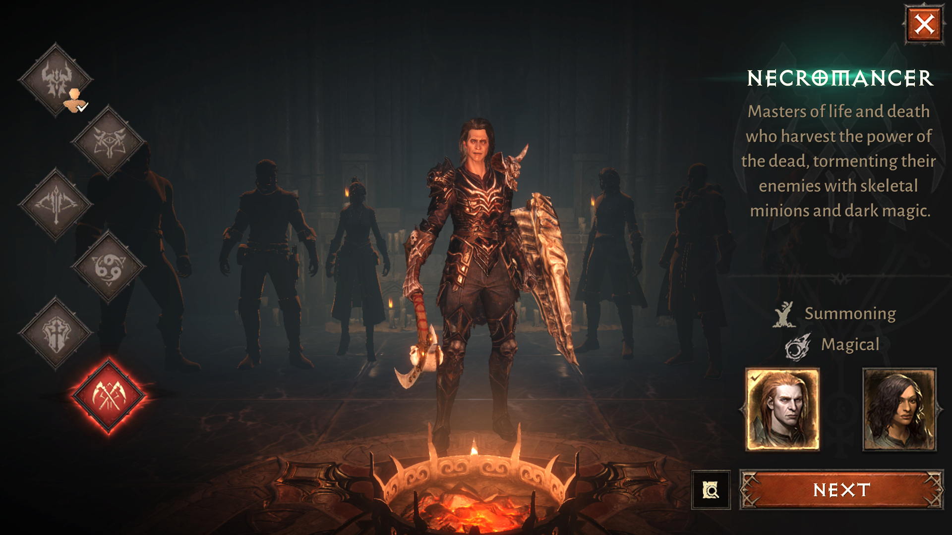 The class selection screen in Diablo Immortal