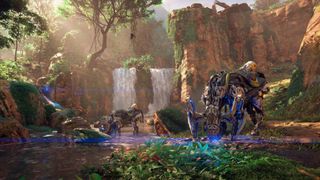 A screenshot from Horizon Zero Dawn Remastered, showing two machines in front of a waterfall.