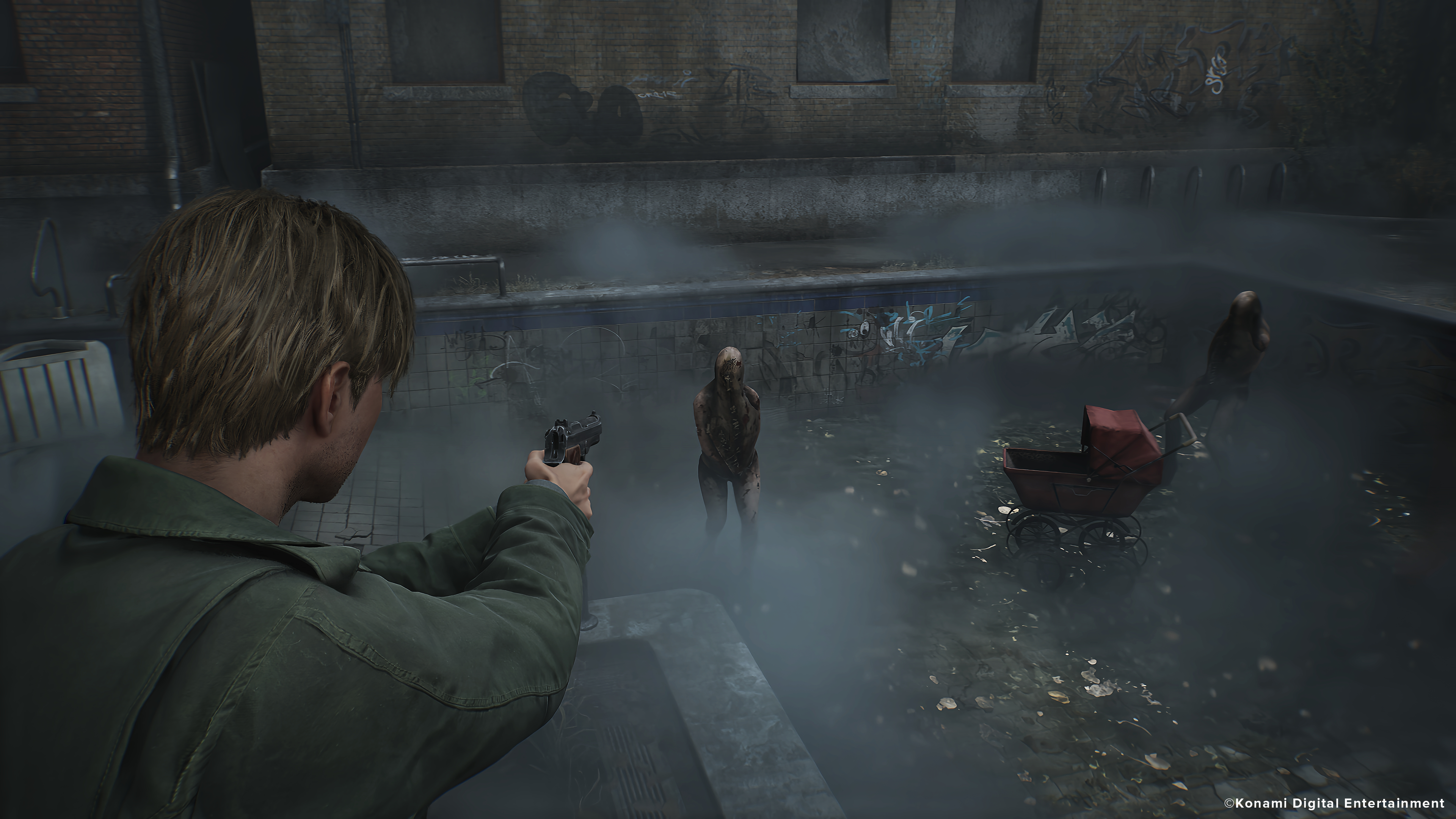 In Silent Hill 2, James aims a gun at an enemy.