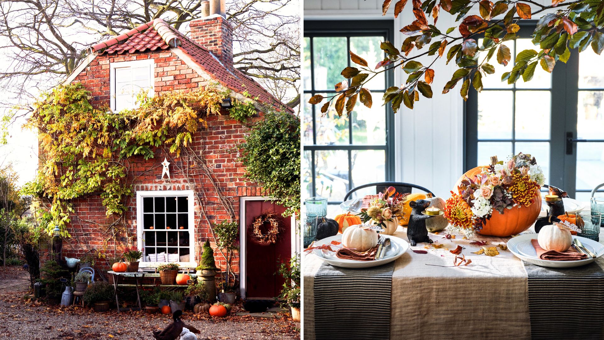 Split image of a Brick house exterior with a pumpkin display and wreath, and a dining table with a hanging branch and pumpkin centrepiece to show Halloween decor ideas