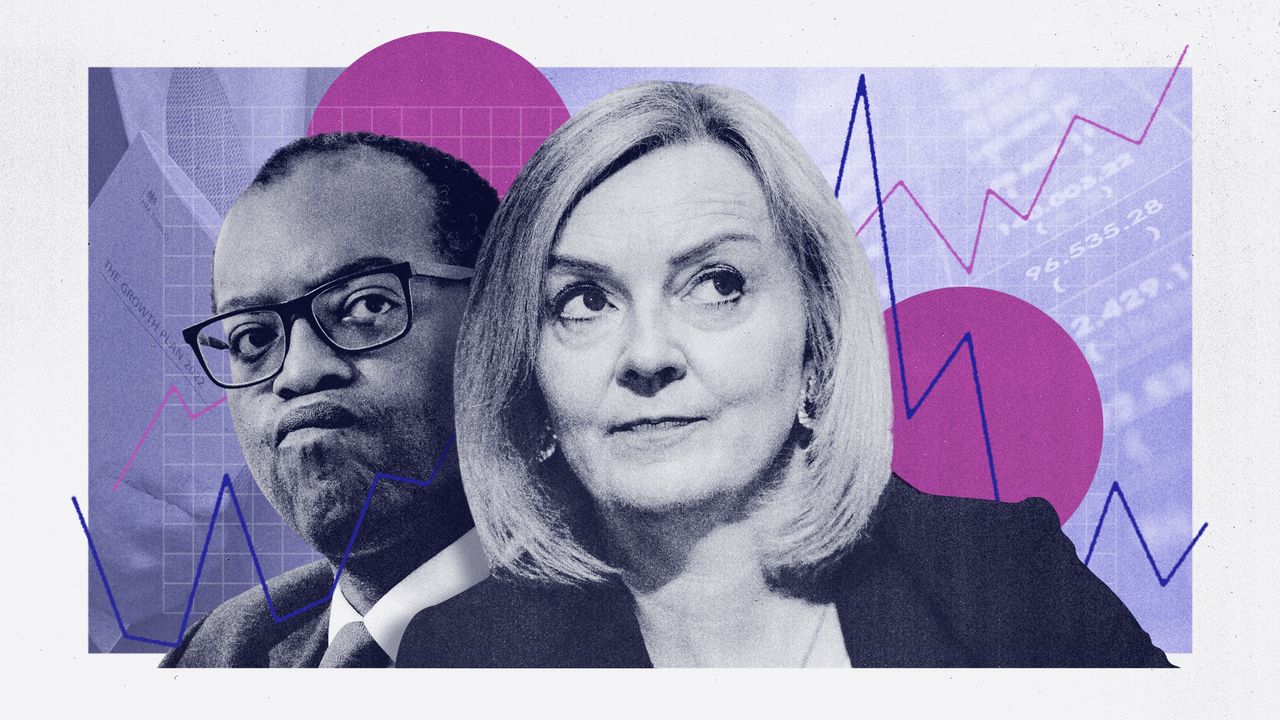 Illustration of Liz Truss, Kwasi Kwarteng and financial graphics