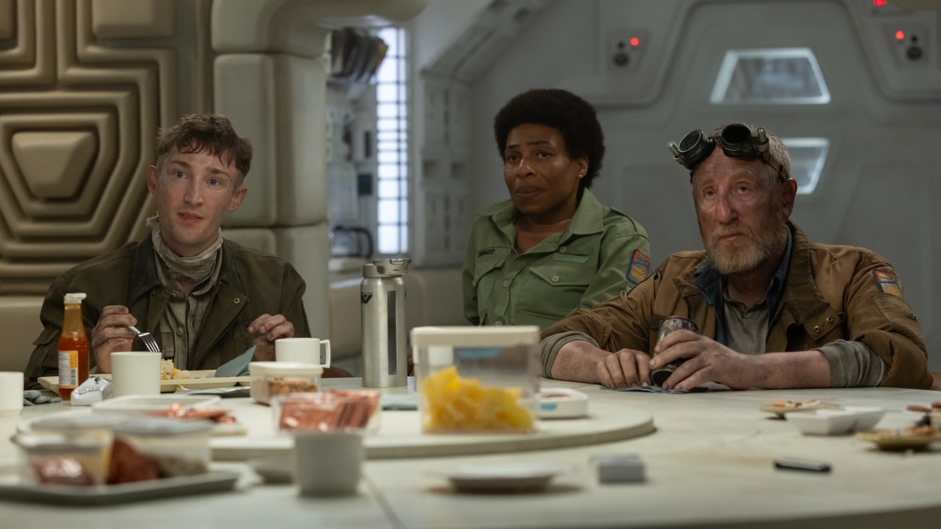 Jamie Bisping, Karen Aldridge, and Michael Smiley as Malachite, Chibuzo, and Shmuel in Alien: Earth episode 5