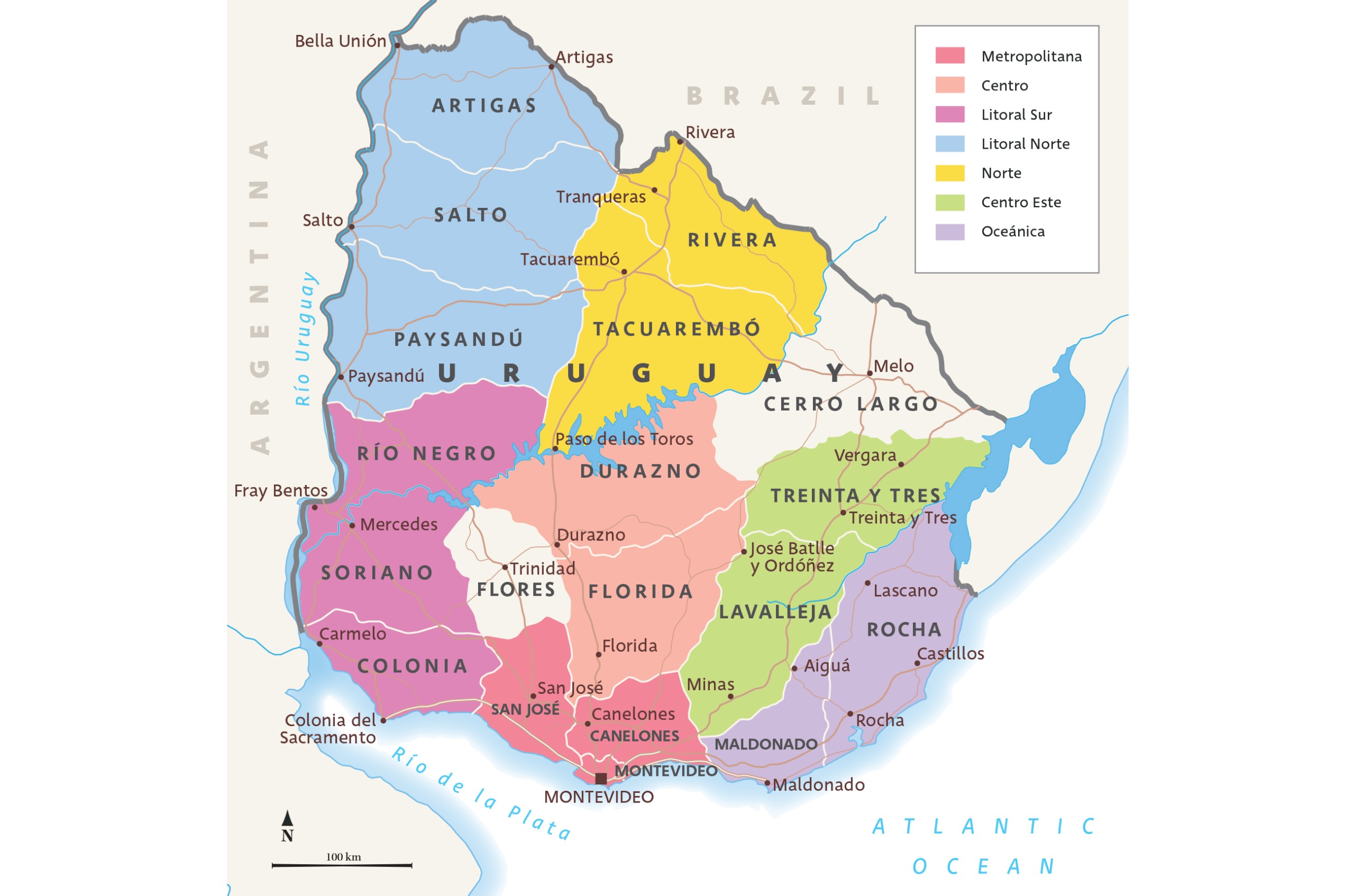 Map or Uruguay with wine regions in different colours