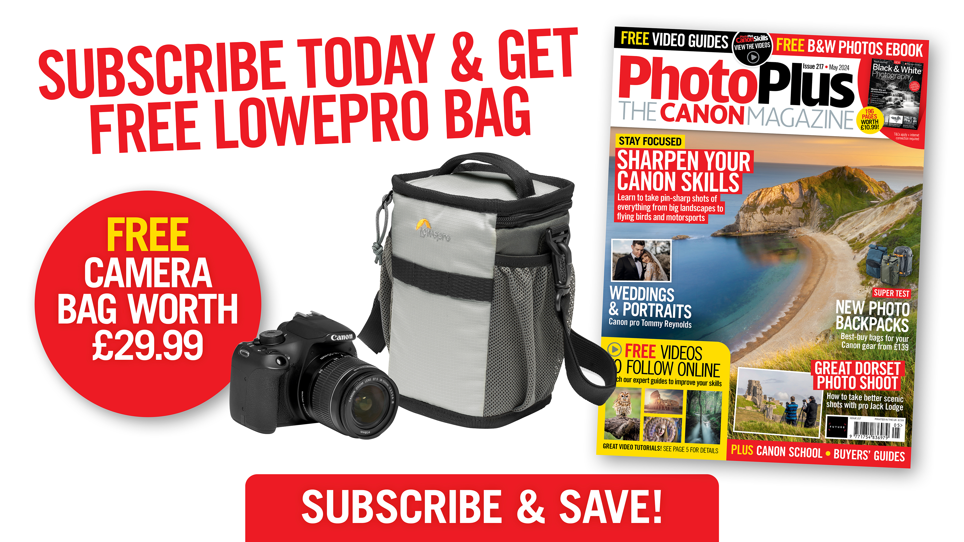 New PhotoPlus: The Canon Magazine May issue 217 – free Lowepro bag when you subscribe today!