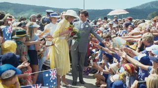 Princess Diana (1961 - 1997) and Prince Charles visit Yandina Ginger Factory in Queensland, Australia, during the Royal Tour of Australia, 12th April 1983. The Princess is wearing a dress by Jan van Velden.