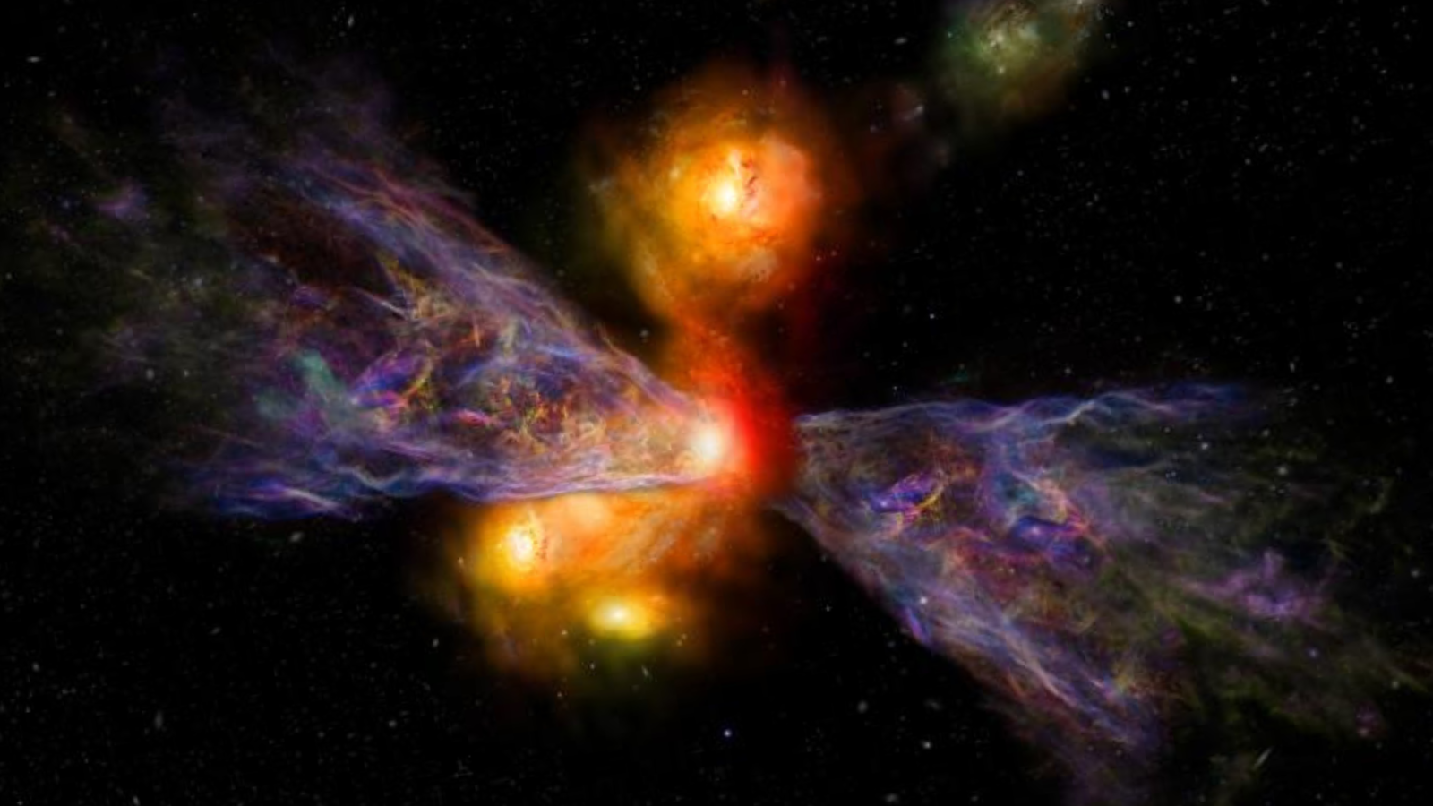 An artist&rsquo;s impression of the galaxy CRISTAL-02, with a huge plume of cold gas extending away from it. 