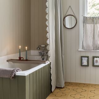 Annie Sloan bathroom design with striped cafe curtain