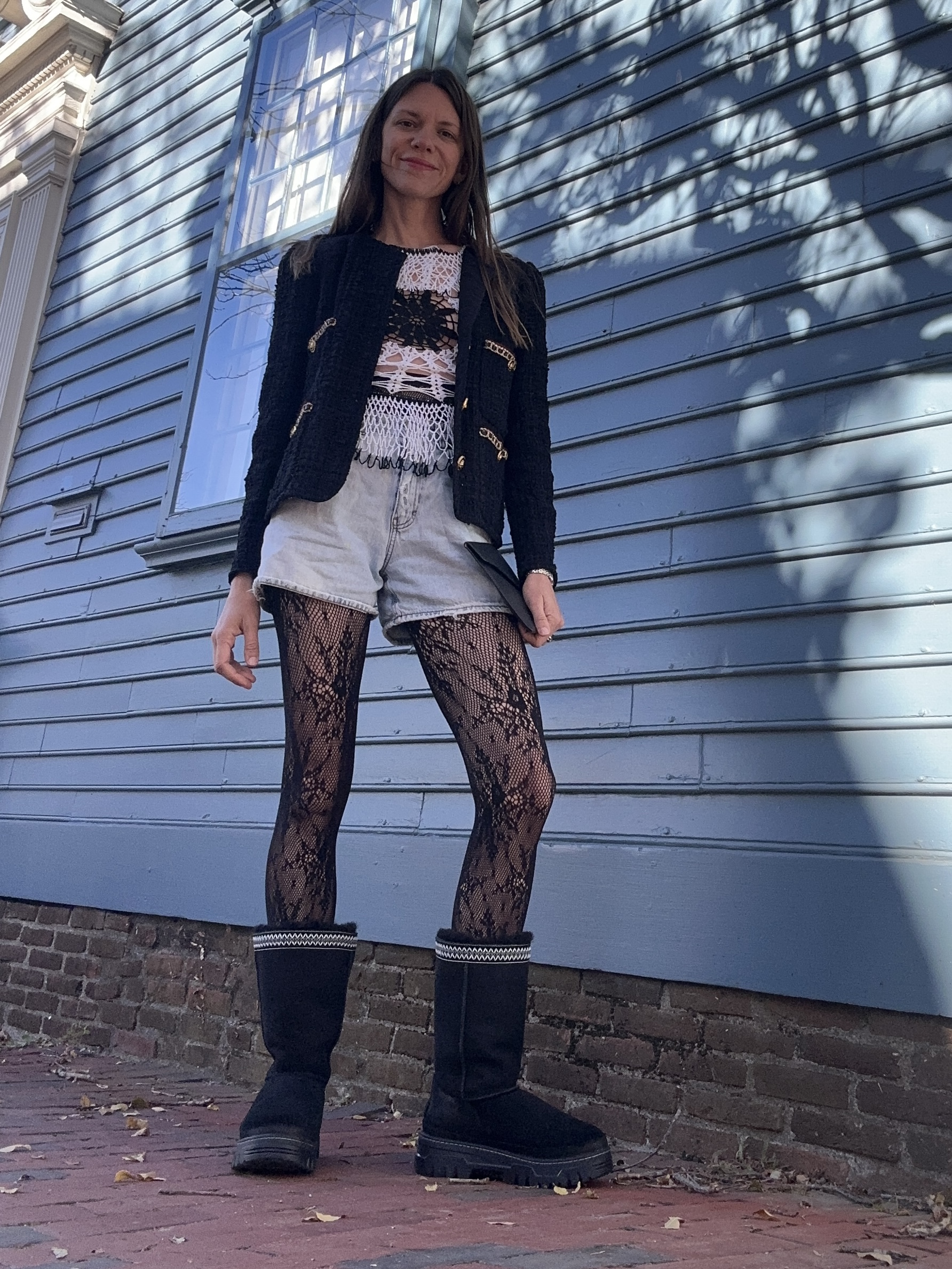 Julia Gall wearing lace tights with denim shorts