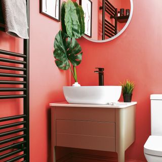 bathroom with coral coloured walls white basin, black radiator towel rail and houseplants