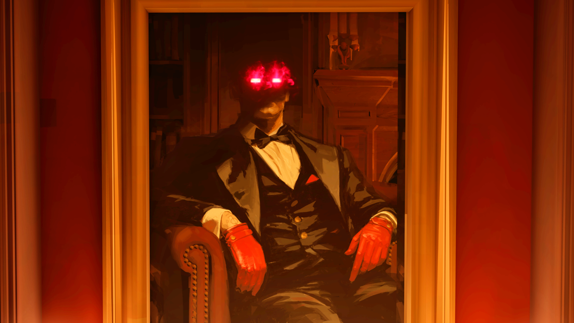 A close-up screenshot of a portrait in Deadlock. A man wearing red gloves resting in a chair has a pair of two brightly glowing red eyes.