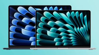 MacBook Air M3 in 13-and 15-inch models against turquoise gradient background