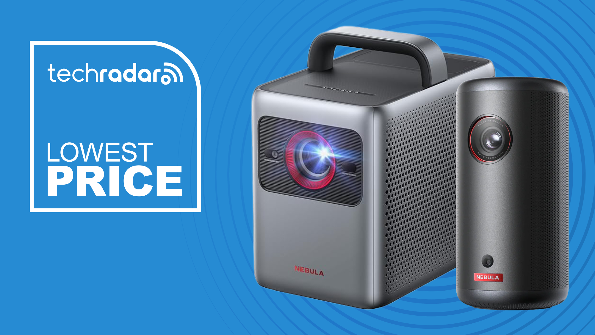 The Anker Nebula Cosmos 4K SE and Anker Nebula Capsule 3 are pictured side by side next to white text which says &quot;Lowest Price&quot;.