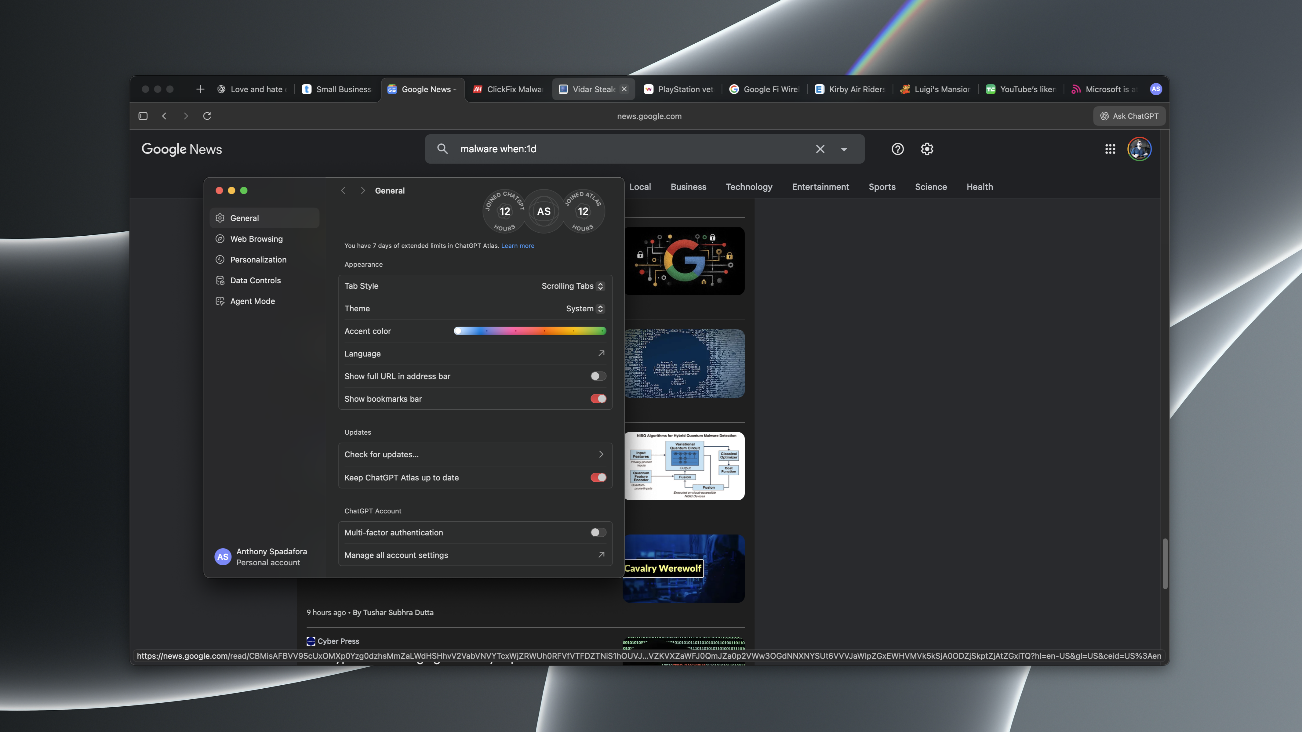 A screenshot showing how scrollable tabs work in ChatGPT Atlas