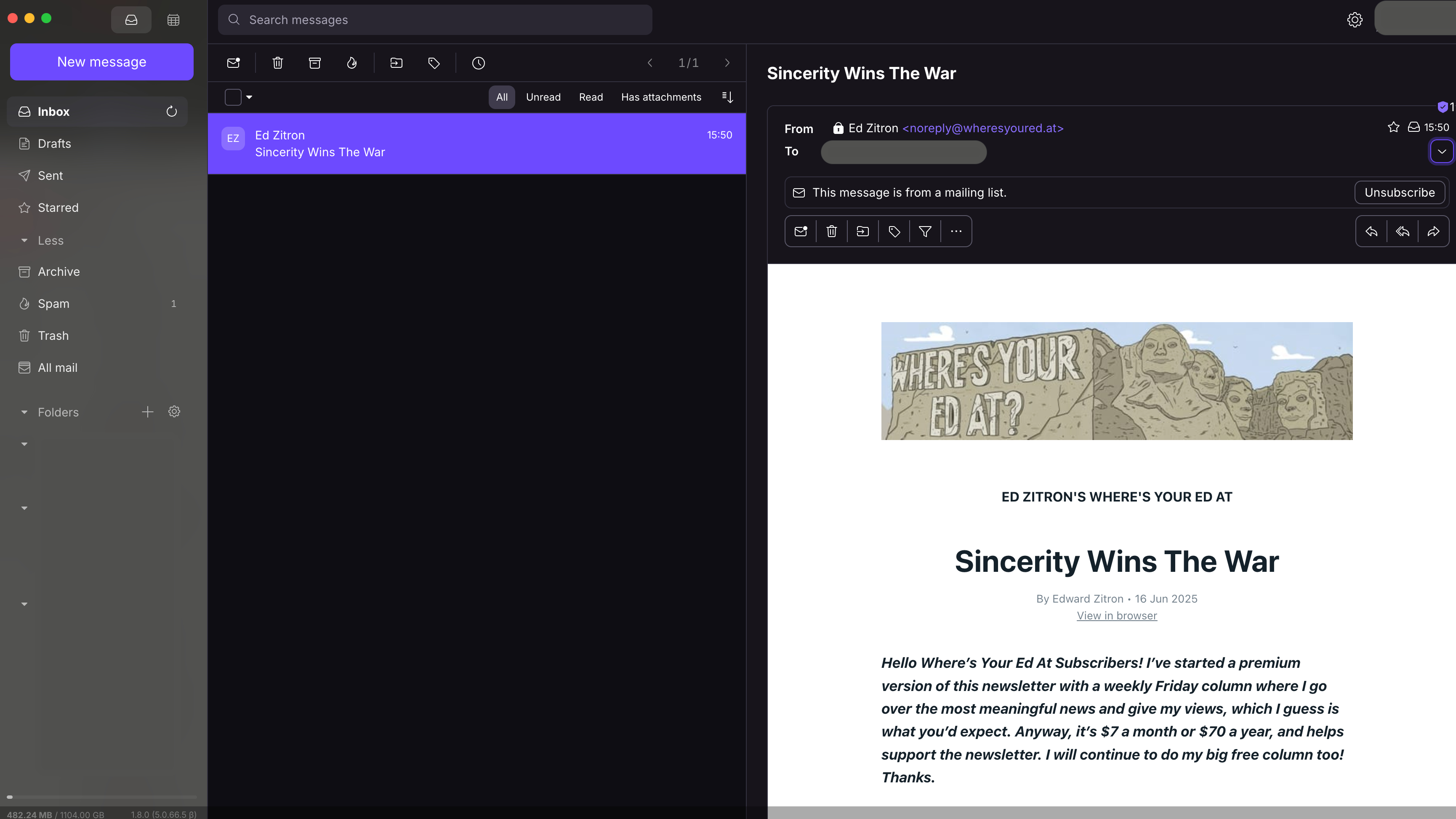 Screenshot of the Proton Mail macOS app showing the app's Inbox with a email from Ed Zitron's newsletter