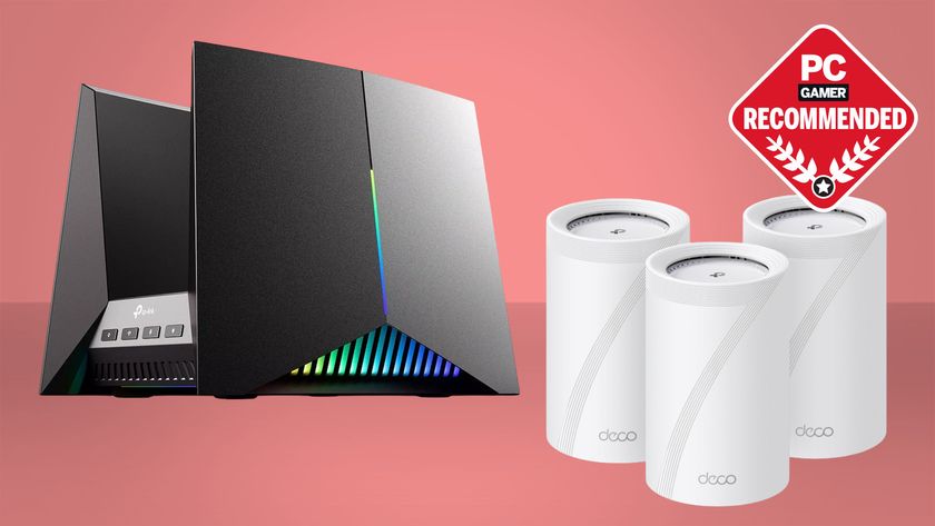 A TP-Link Archer GE800 router and trio of Deco BE68 mesh routers against a gradient pink background, with a PC Gamer Recommended logo in the top right corner.