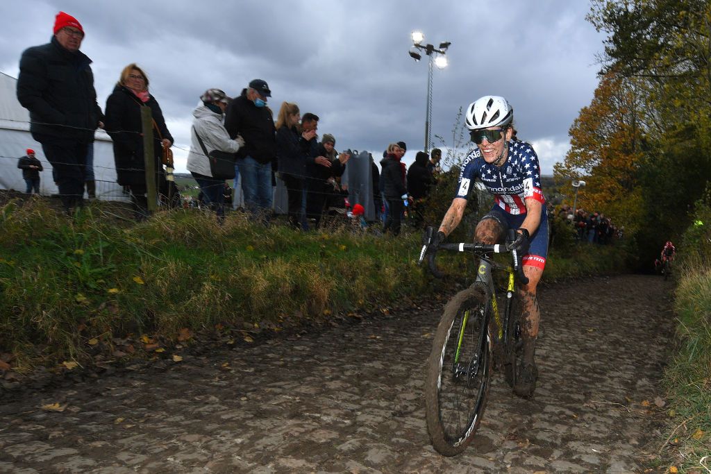 OUDENAARDE BELGIUM NOVEMBER 01 Clara Honsinger of The United States and Team CannondaleCyclocrossworld competes during the 32nd Koppenbergcross Grand Prix Jolien Verschueren 2021 Womens Elite Koppenbergcross Oudenaarde X2OBadkamersTrofee on November 01 2021 in Oudenaarde Belgium Photo by Luc ClaessenGetty Images