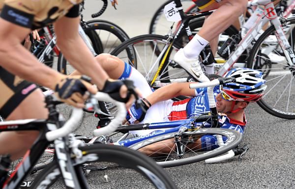 George Hincapie (BMC) on the ground after crashing on stage 3.