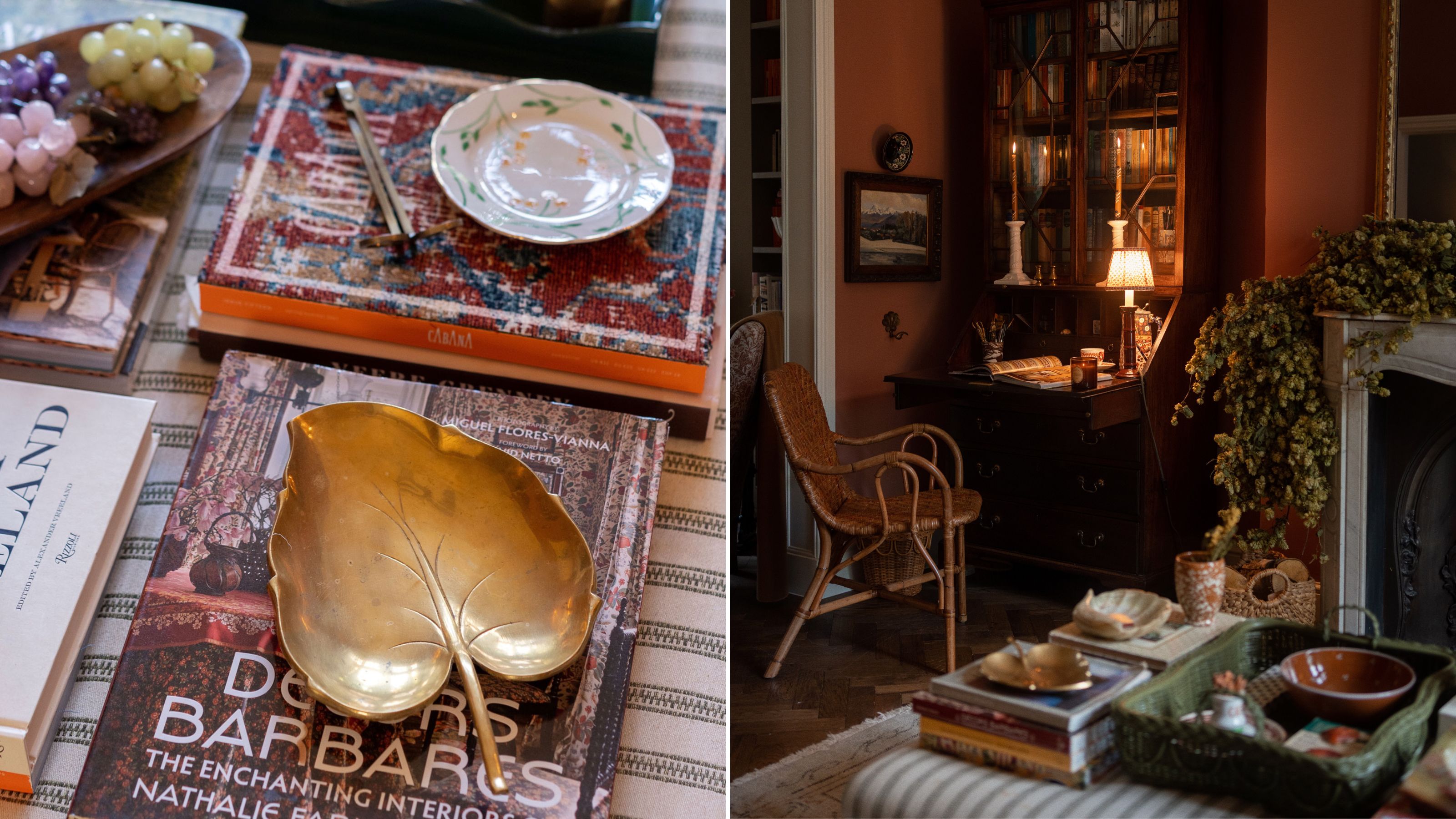 Louise Roe's interiors books and a rattan chair at a desk