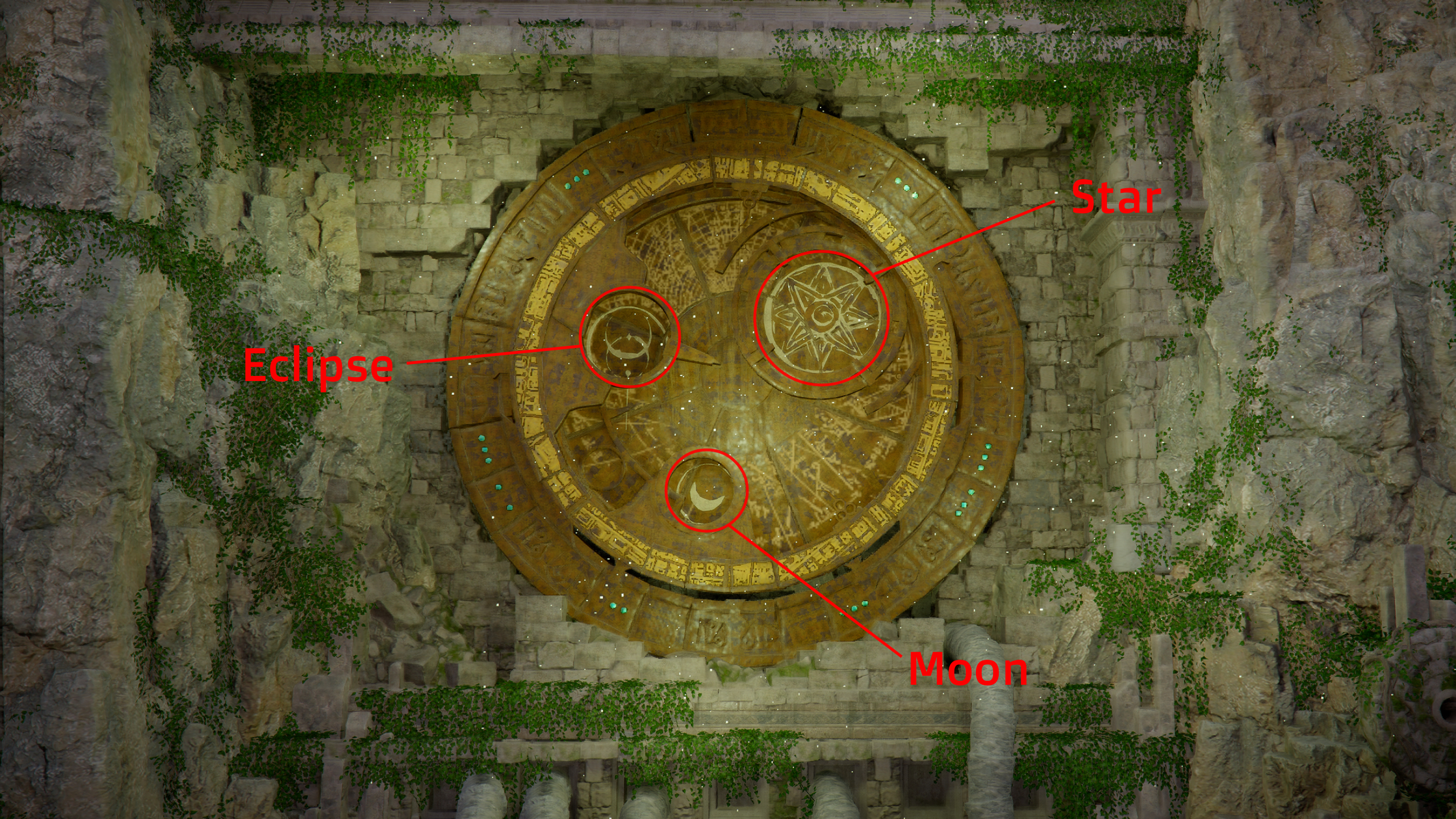 Crimson Desert Trembling Woods puzzle: An annotated diagram of the puzzle, with red lines highlighting the eclipse, star, and moon patterns in the mural on the dial.