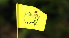 A detailed view of the pin flag on the 11th green during a practice round prior to the 2026 Masters Tournament at Augusta National Golf Club on April 07, 2026 in Augusta, Georgia.