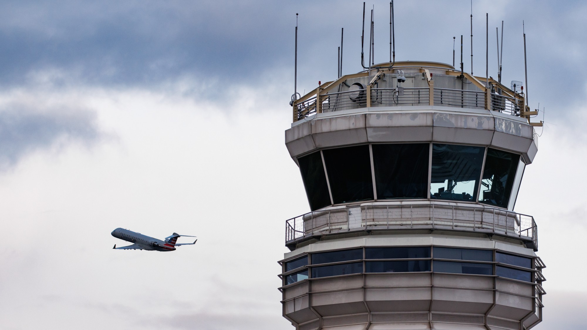 An airplane takes off at Ronald Reagan Washington National Airport in Arlington, Virginia.