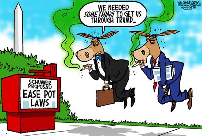 Political cartoon U.S. marijuana legalization Charles Schumer Democrats Trump