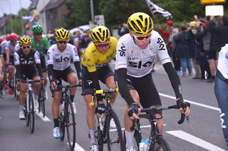 Chris Froome with his Sky teammates on stage 2 of the Tour de France