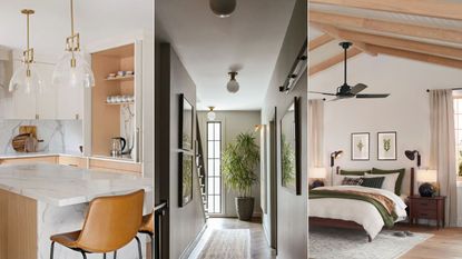 white kitchen with marble island, gray-green entryway with white ceiling, neutral bedroom with white walls and wooden beamed ceiling