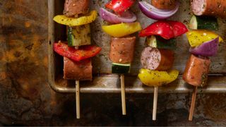 Sausage and vegetables on skewer