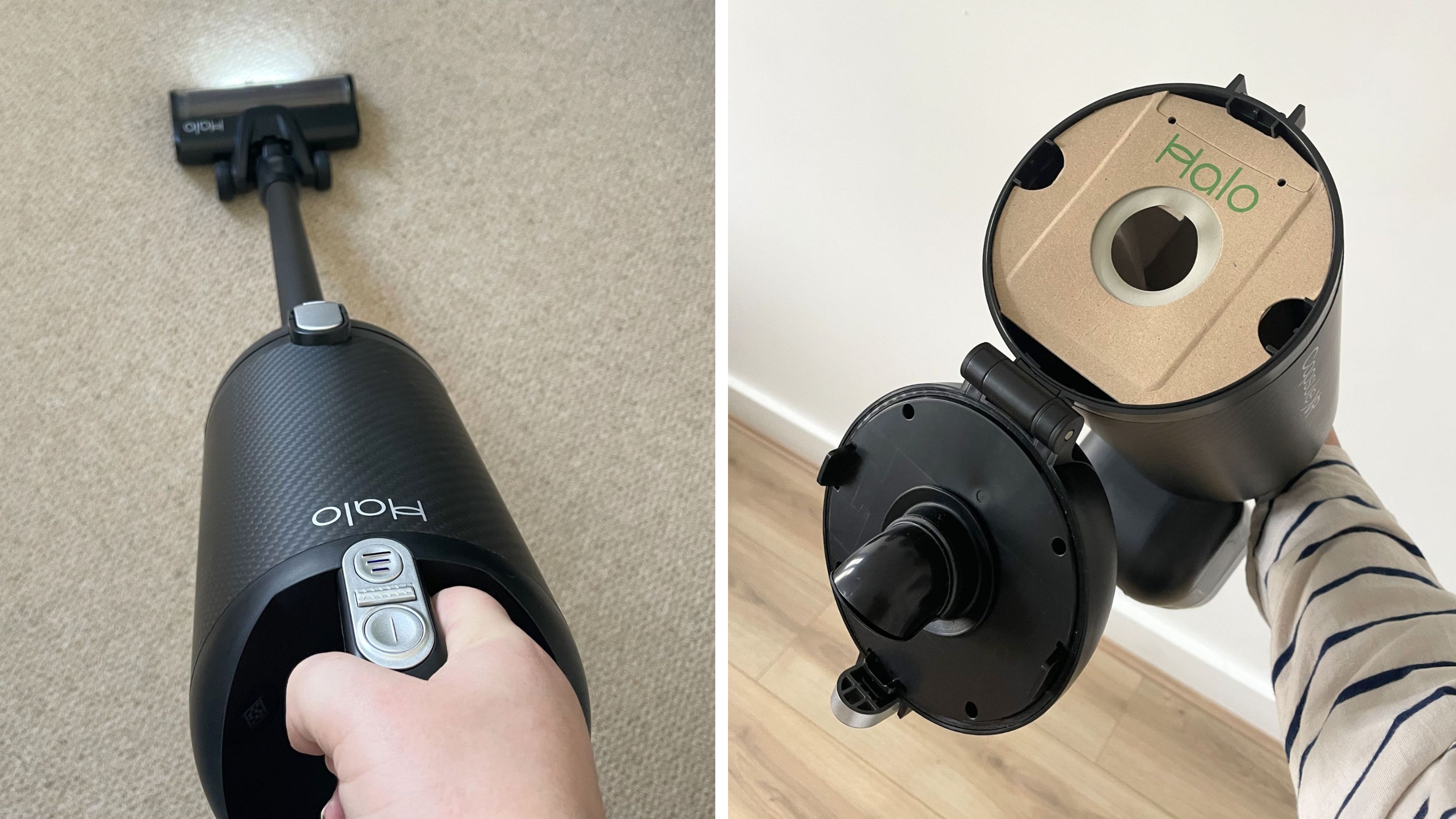 Spit image of the black halo cordless vacuum cleaner being used on carpet on the left and a hand holding the canister with the dust bag inside on the right
