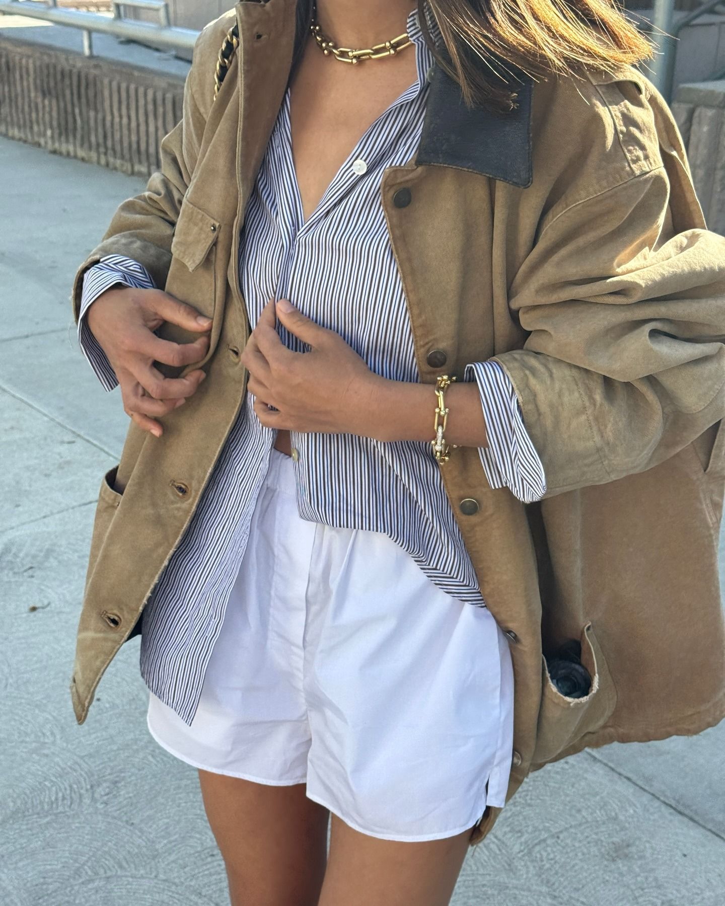 Aimee Song wearing white boxer shorts