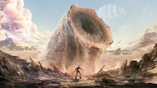 Dune Awakening concept art; a large sandworm emerges from the desert